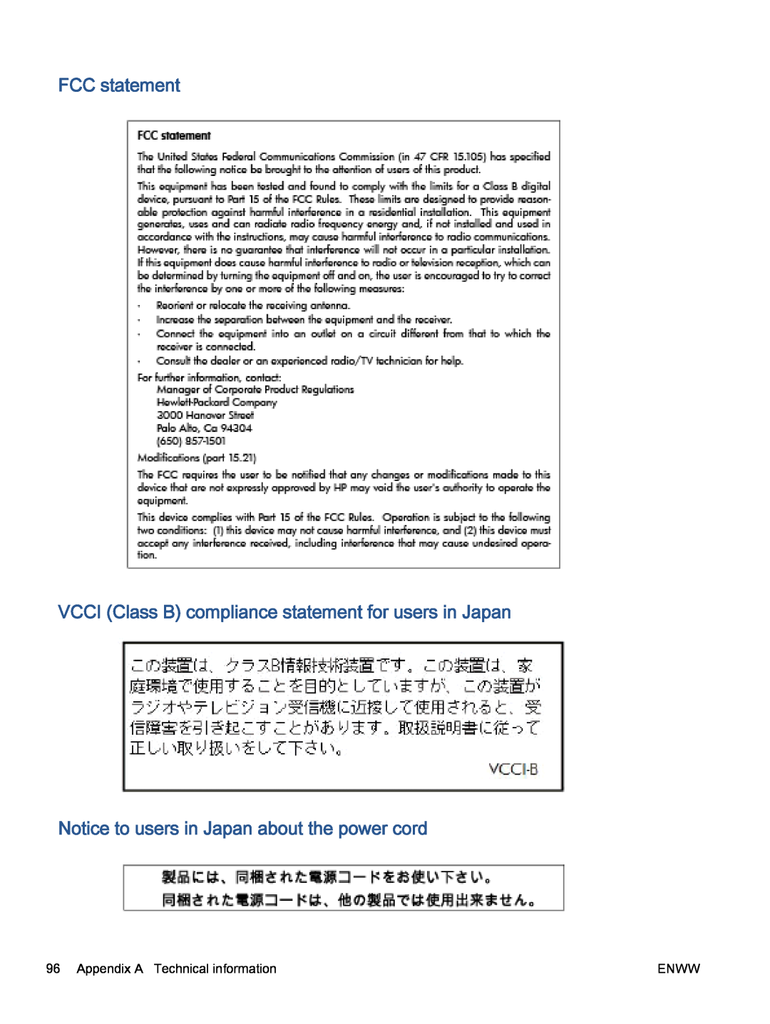 HP 5535 A9J44A1H3 FCC statement VCCI Class B compliance statement for users in Japan, Appendix A Technical information 
