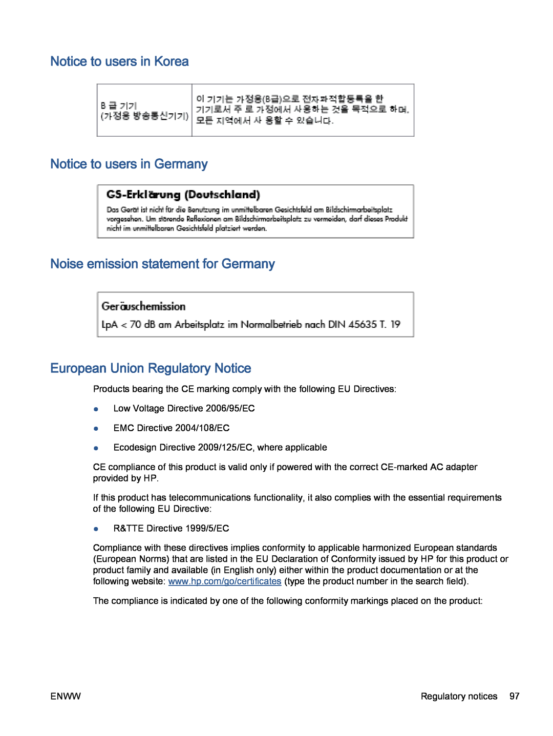 HP 5530 A9J40A#B1H, 5535 A9J44A1H3 manual Notice to users in Korea Notice to users in Germany 