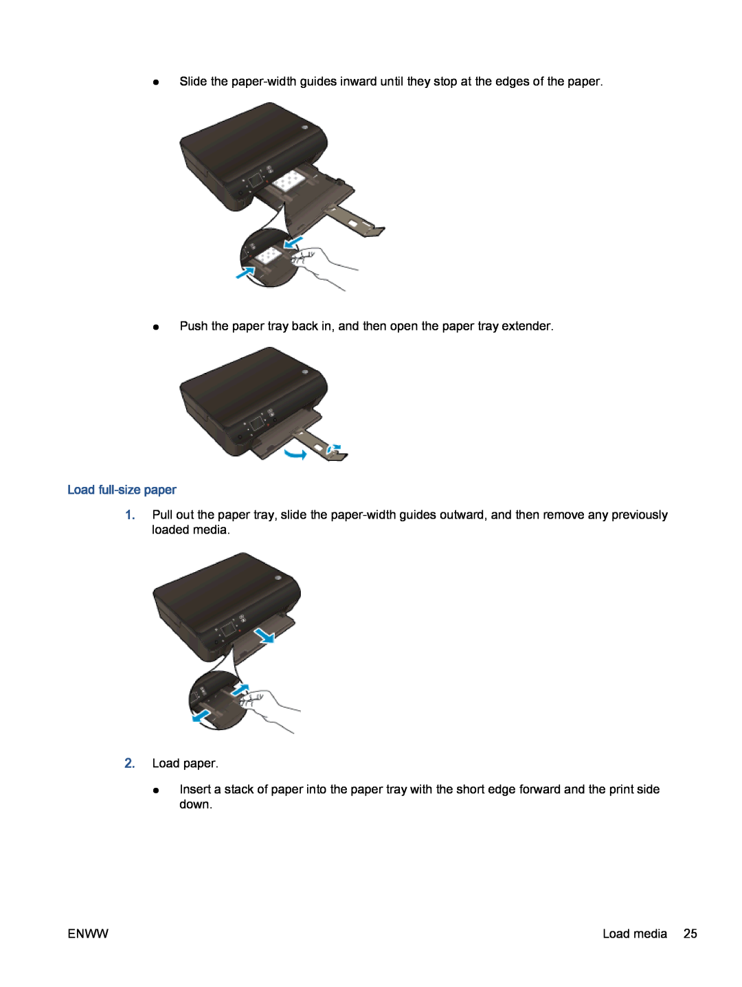 HP 5530 A9J40A#B1H Load full-size paper, Push the paper tray back in, and then open the paper tray extender, Load paper 