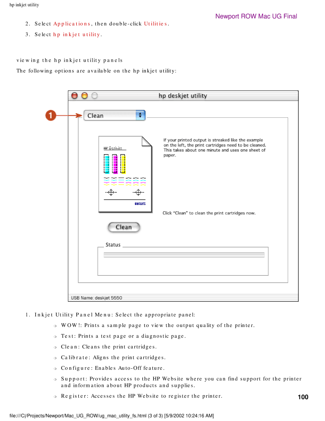 HP 5550 manual 100, Viewing the hp inkjet utility panels 