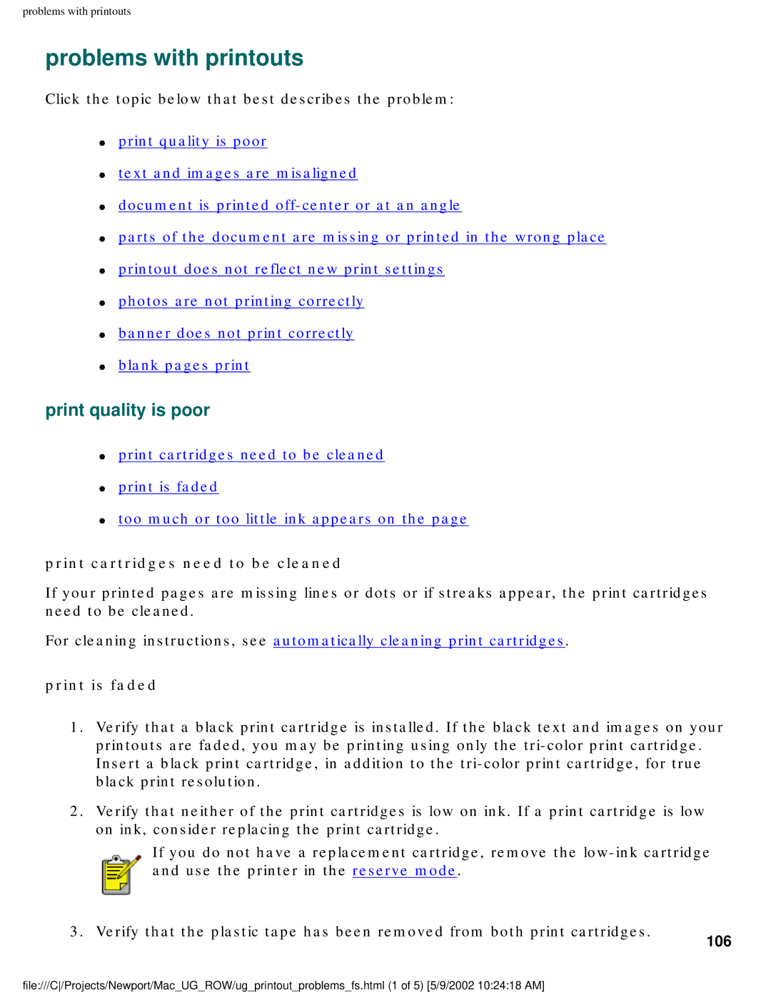HP 5550 manual Problems with printouts, Print quality is poor, Print cartridges need to be cleaned, Print is faded, 106 