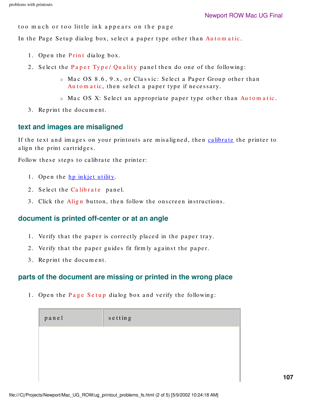 HP 5550 manual Text and images are misaligned, Document is printed off-center or at an angle, 107 