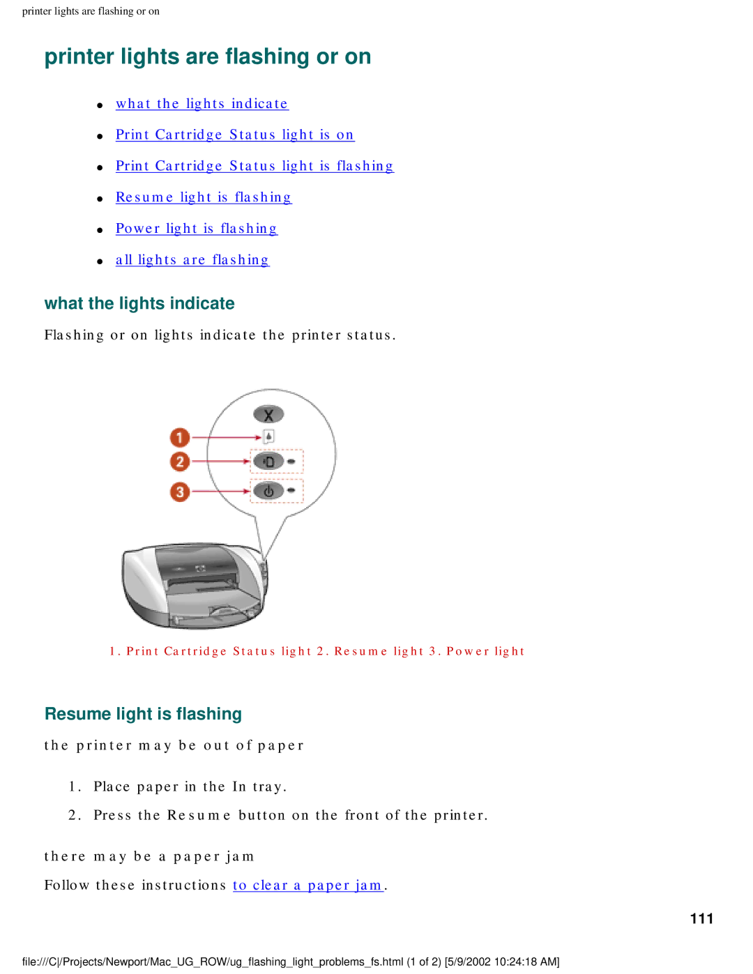 HP 5550 Printer lights are flashing or on, What the lights indicate, Resume light is flashing, Printer may be out of paper 