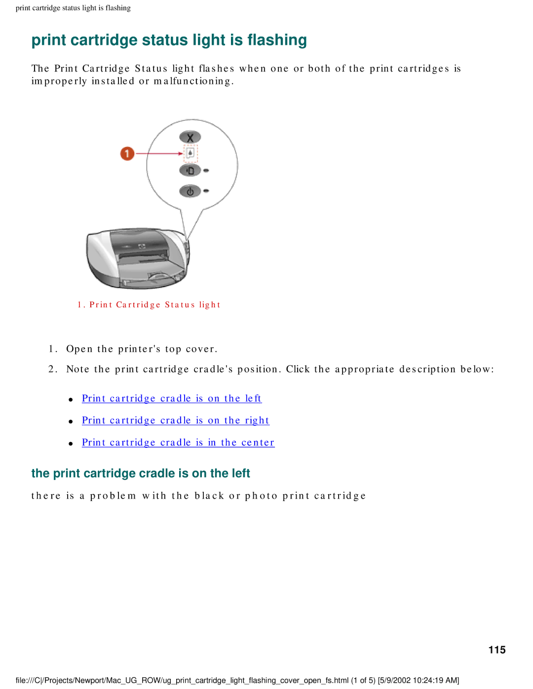 HP 5550 manual Print cartridge status light is flashing, There is a problem with the black or photo print cartridge, 115 