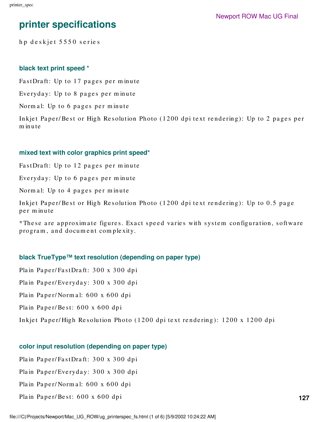 HP manual Printer specifications, Hp deskjet 5550 series 