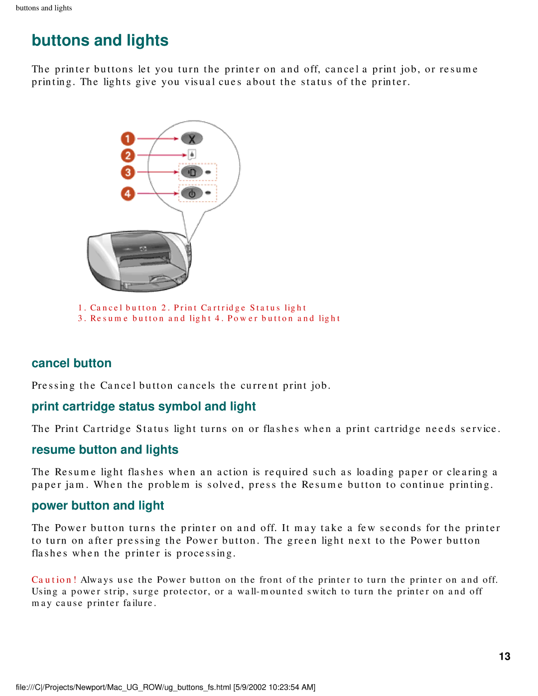 HP 5550 manual Buttons and lights, Cancel button, Print cartridge status symbol and light, Resume button and lights 