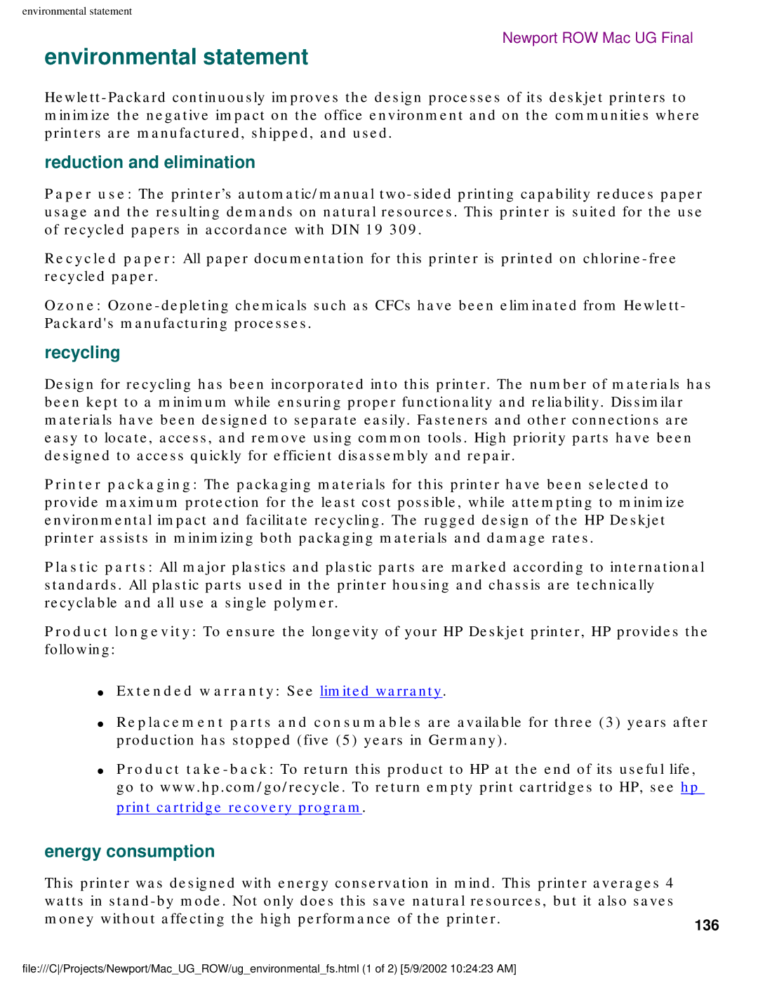 HP 5550 manual Environmental statement, Reduction and elimination, Recycling, Energy consumption 