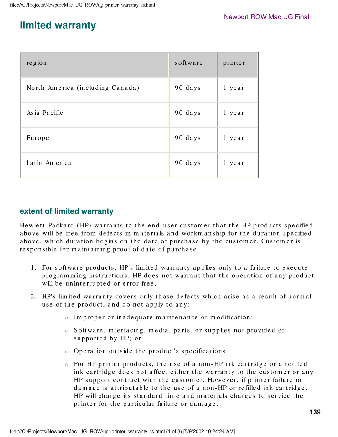 HP 5550 manual Limited warranty, Extent of limited warranty, 139 