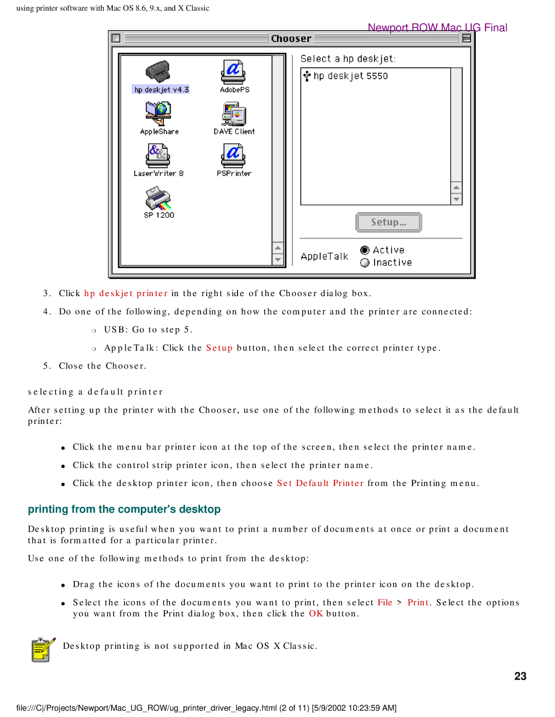 HP 5550 manual Printing from the computers desktop, Selecting a default printer 