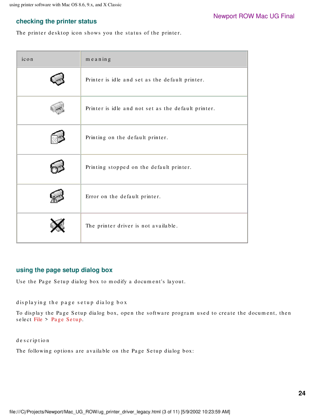 HP 5550 Checking the printer status, Using the page setup dialog box, Iconmeaning, Displaying the page setup dialog box 