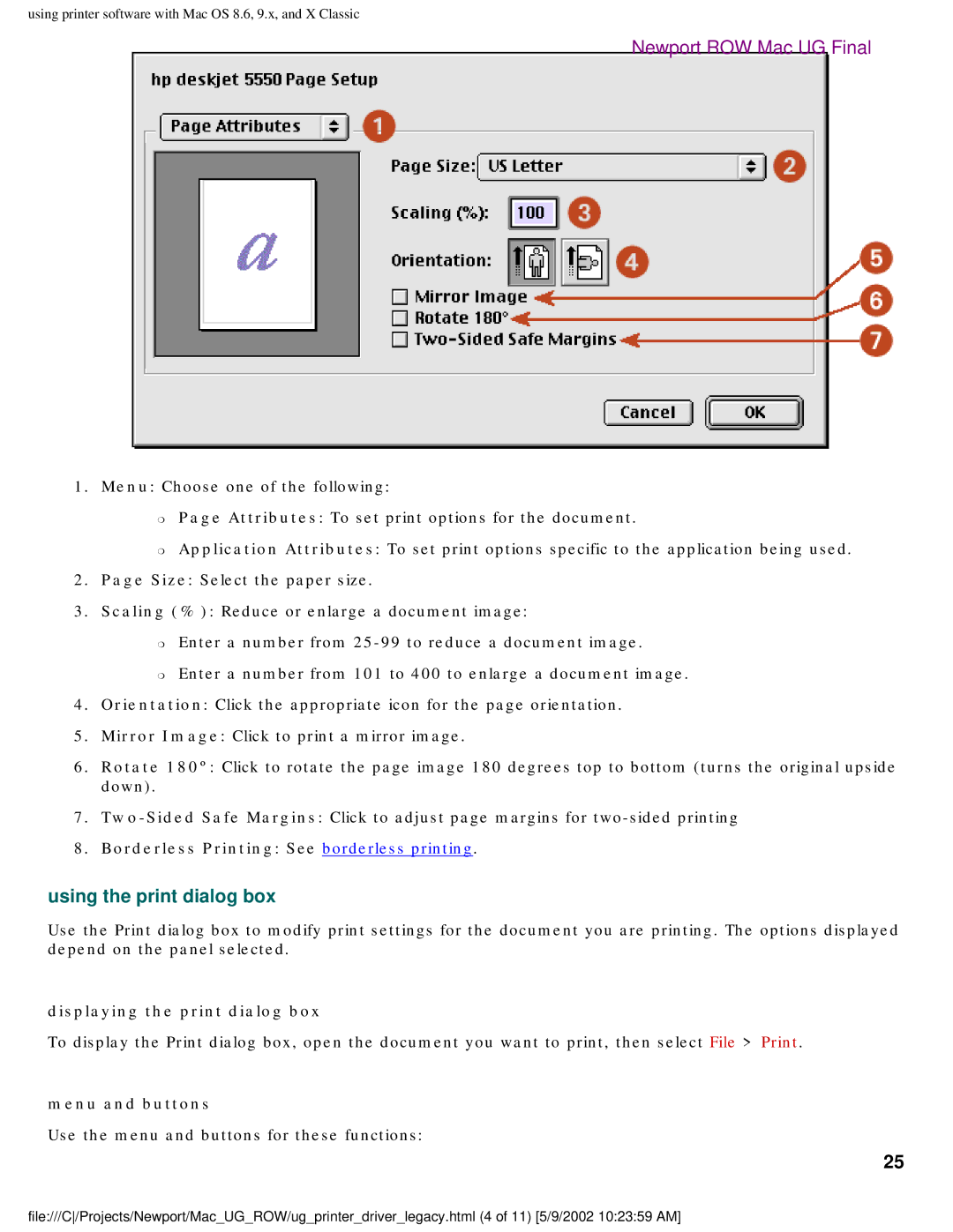 HP 5550 manual Using the print dialog box, Borderless Printing See borderless printing, Displaying the print dialog box 