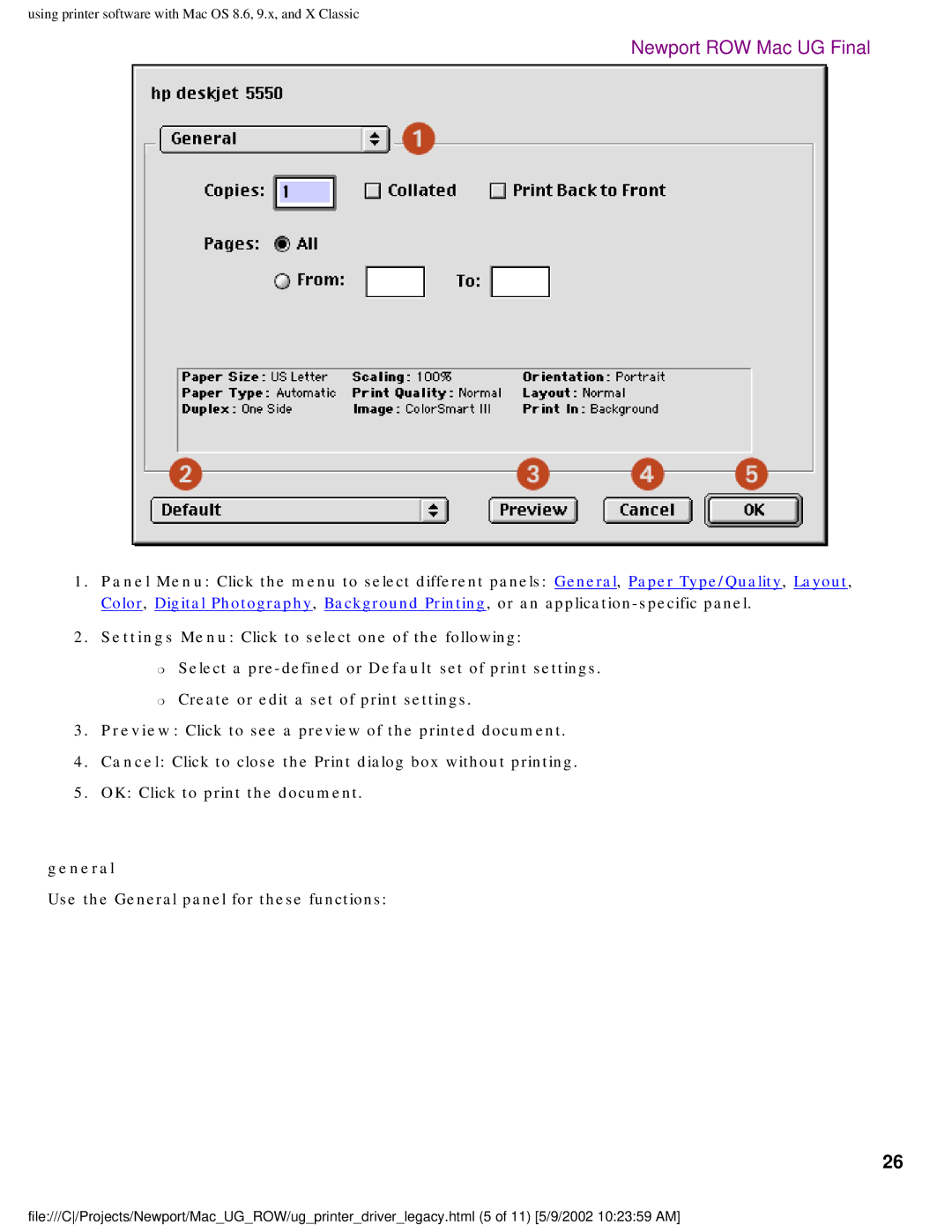 HP 5550 manual Use the General panel for these functions 