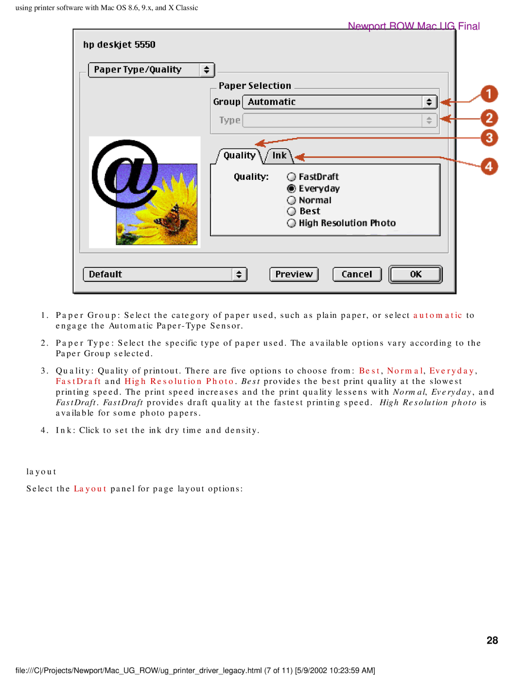 HP 5550 manual Select the Layout panel for page layout options 