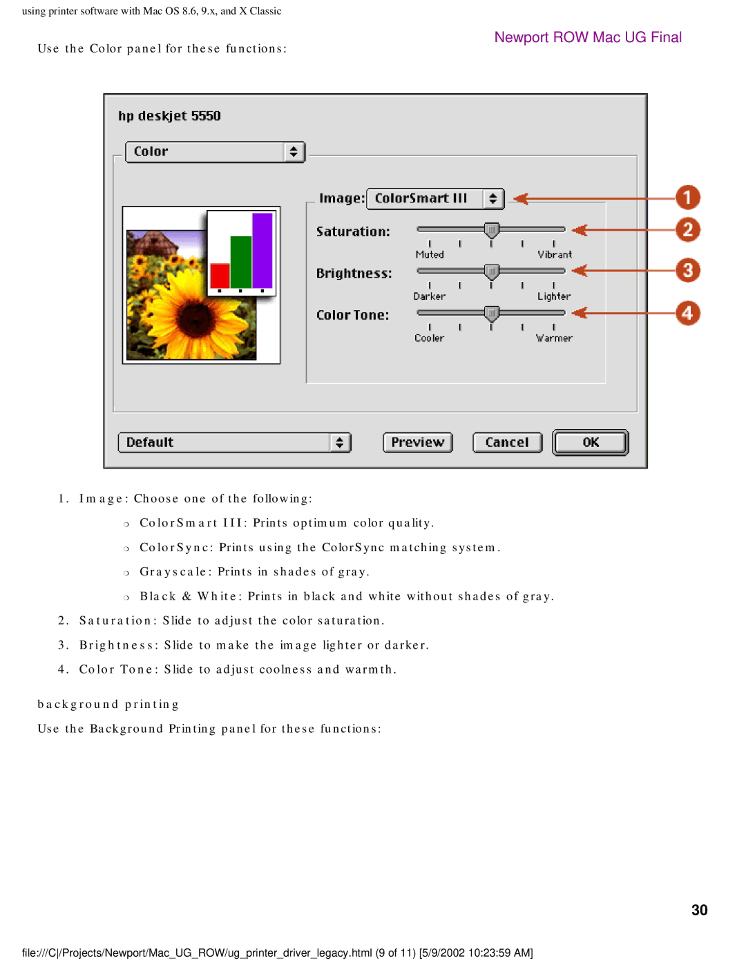 HP 5550 manual Background printing, Use the Background Printing panel for these functions 