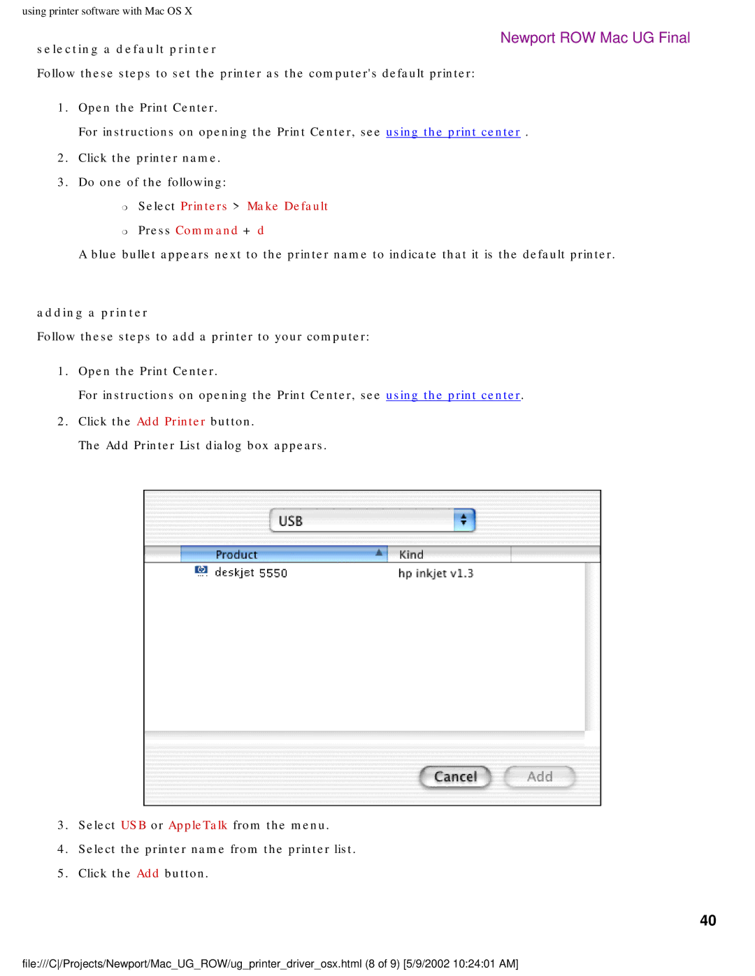 HP 5550 manual Selecting a default printer 