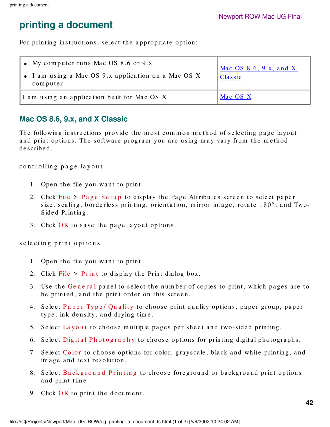 HP 5550 manual Printing a document, Mac OS 8.6, 9.x, and X Classic, Controlling page layout, Selecting print options 