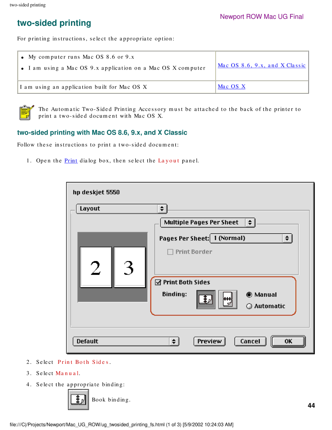 HP 5550 manual Two-sided printing with Mac OS 8.6, 9.x, and X Classic 