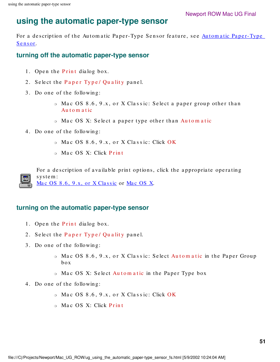 HP 5550 manual Using the automatic paper-type sensor, Turning off the automatic paper-type sensor, Automatic 