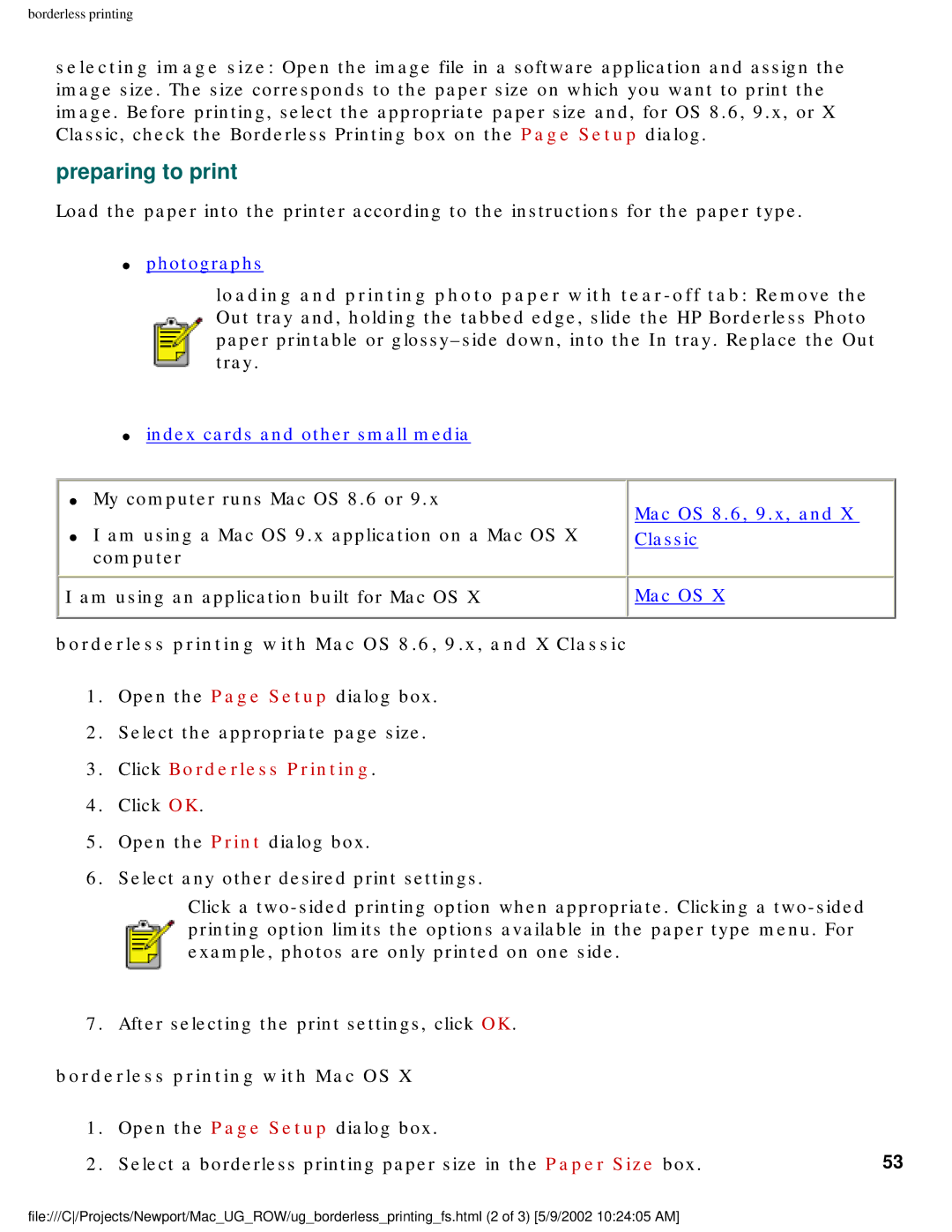 HP 5550 manual Preparing to print, Borderless printing with Mac OS 8.6, 9.x, and X Classic, Click Borderless Printing 