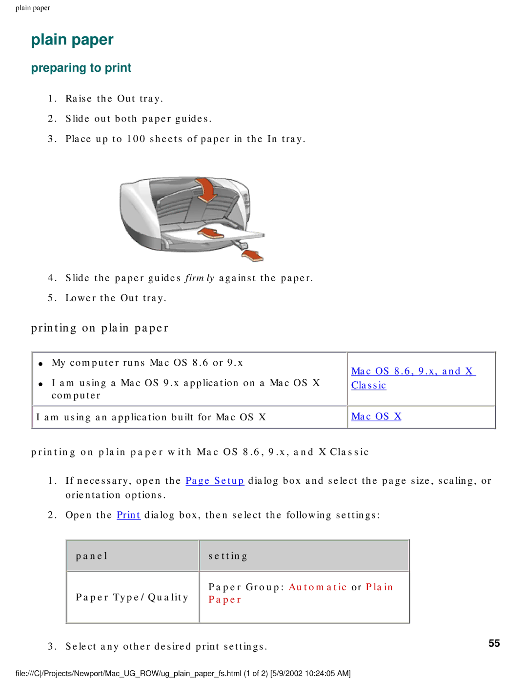 HP 5550 manual Plain paper, Printing on plain paper with Mac OS 8.6, 9.x, and X Classic, Panel Setting Paper Type/Quality 