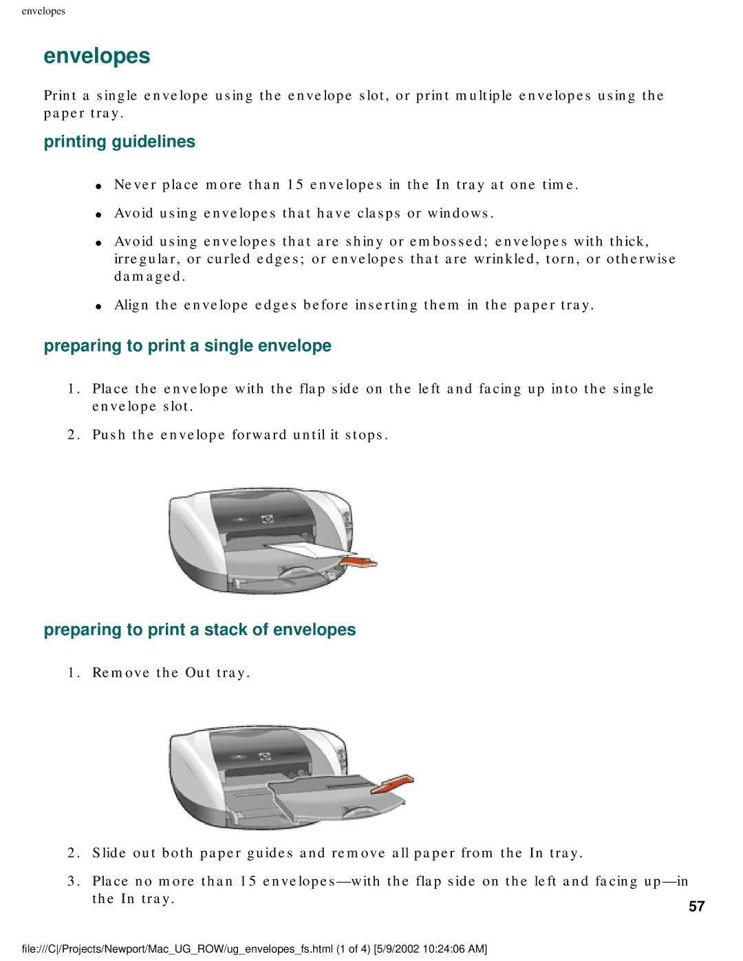 HP 5550 manual Envelopes, Preparing to print a single envelope, Preparing to print a stack of envelopes 