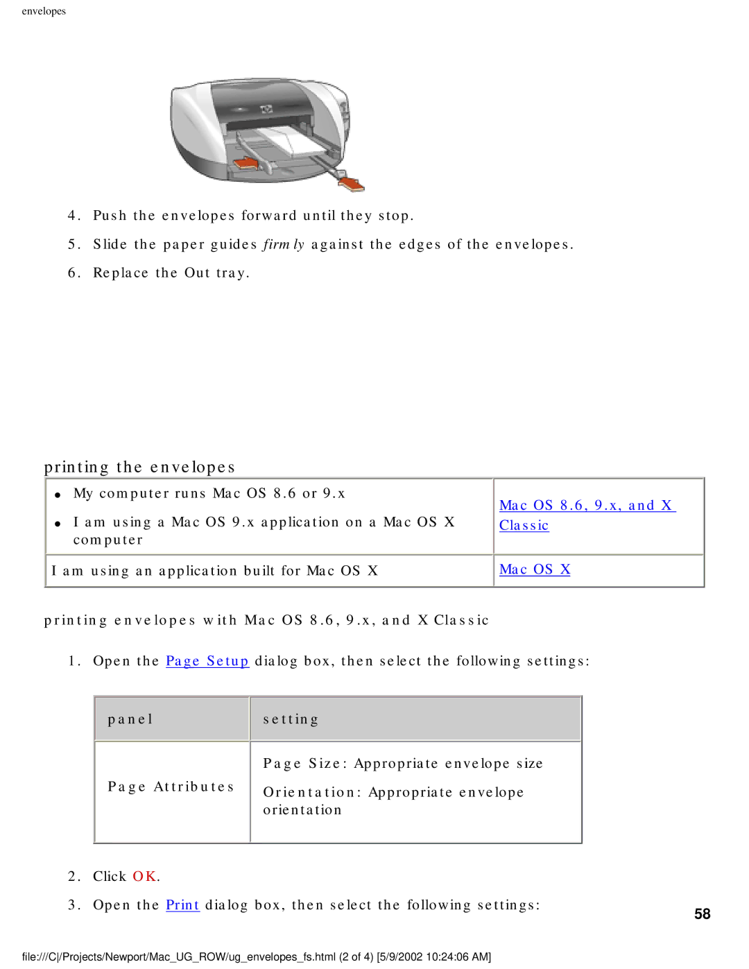 HP 5550 manual Printing envelopes with Mac OS 8.6, 9.x, and X Classic, Panelsetting 