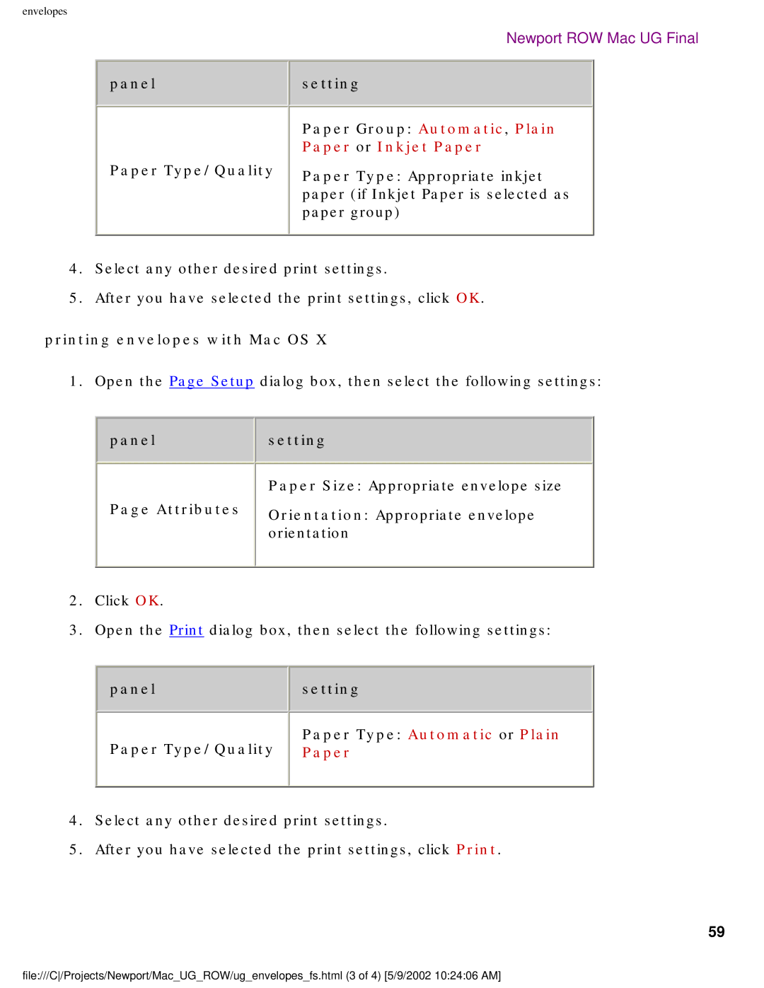 HP 5550 manual Panel Paper Type/Quality, Paper Group Automatic, Plain Paper or Inkjet Paper, Printing envelopes with Mac OS 