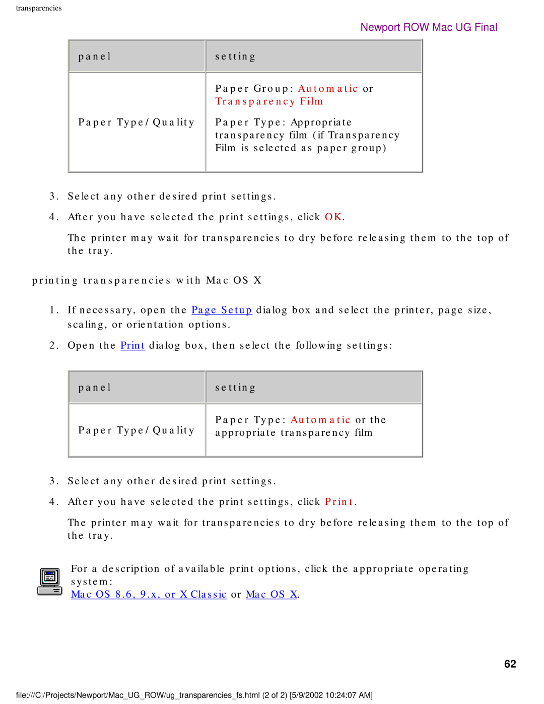 HP 5550 manual Panelsetting Paper Group Automatic or, Transparency Film, Printing transparencies with Mac OS 