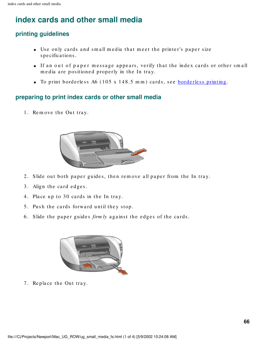 HP 5550 manual Index cards and other small media, Preparing to print index cards or other small media 