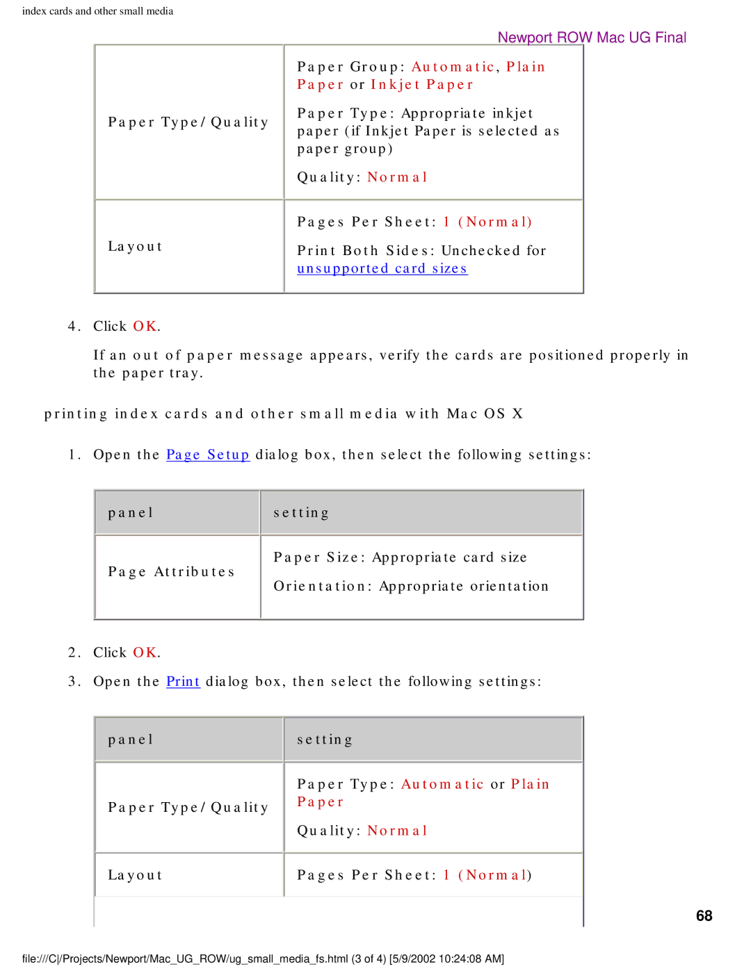 HP 5550 manual Paper Type/Quality Layout, Printing index cards and other small media with Mac OS, Panel Setting 