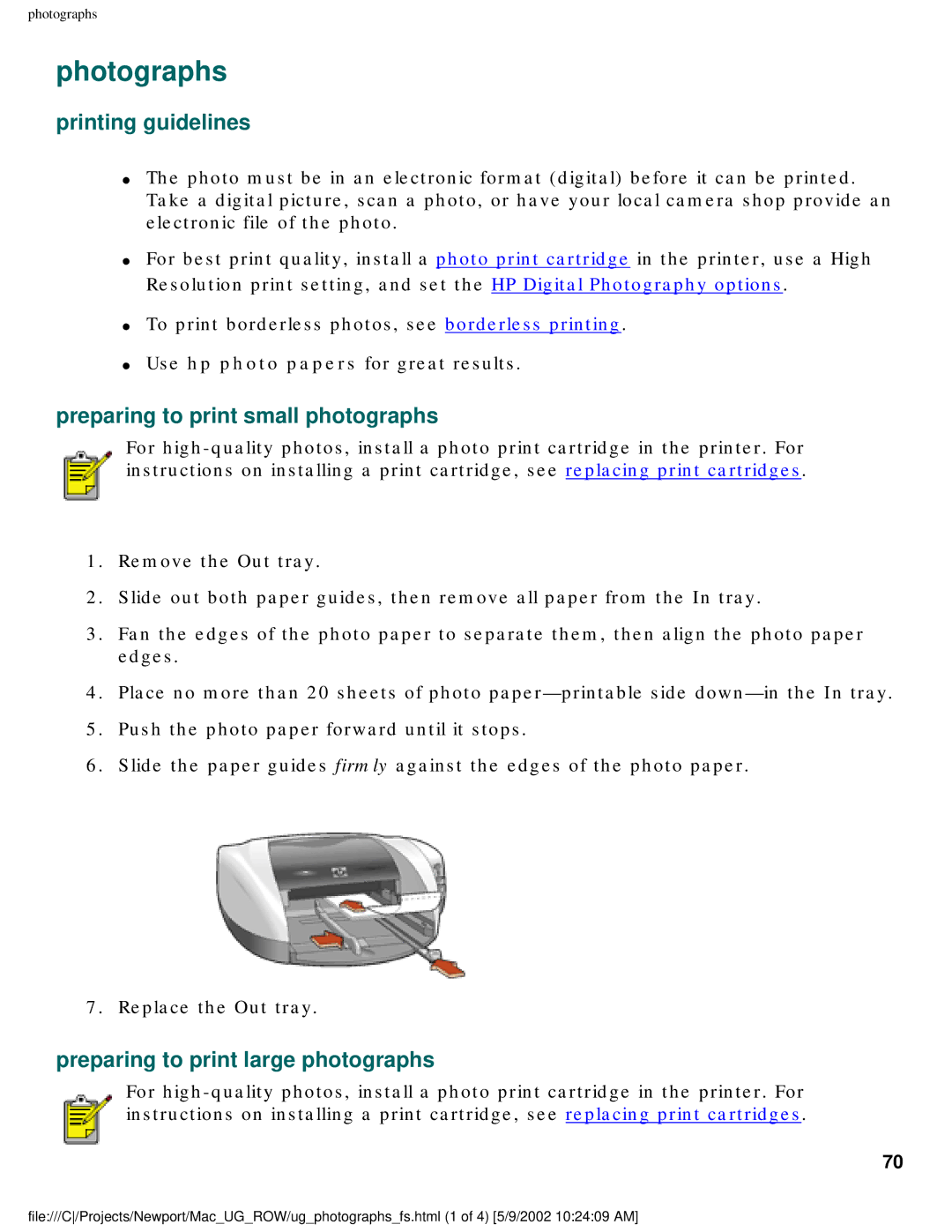 HP 5550 manual Photographs, Preparing to print small photographs, Preparing to print large photographs 