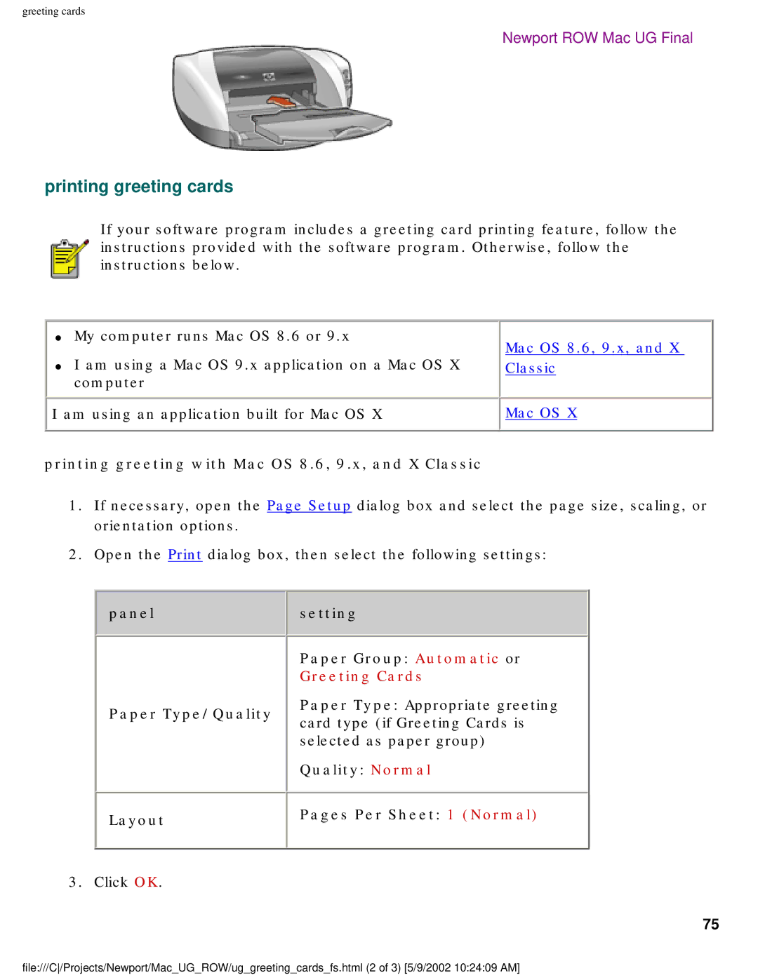 HP 5550 manual Printing greeting cards, Printing greeting with Mac OS 8.6, 9.x, and X Classic, Greeting Cards 