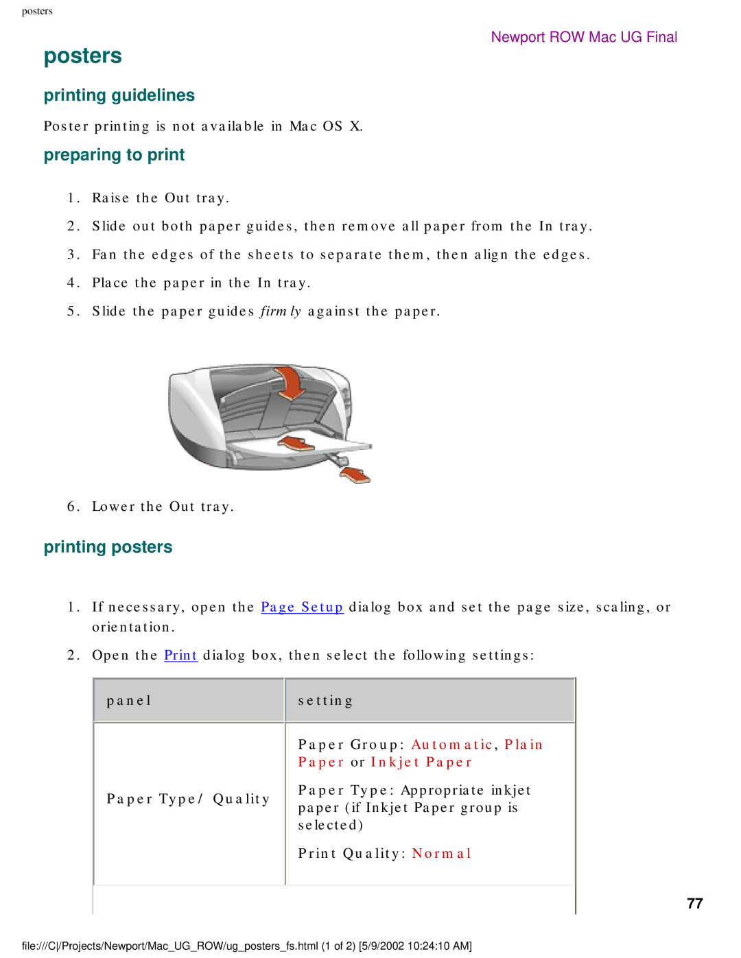 HP 5550 manual Posters, Printing posters, Panel Paper Type/ Quality Setting 