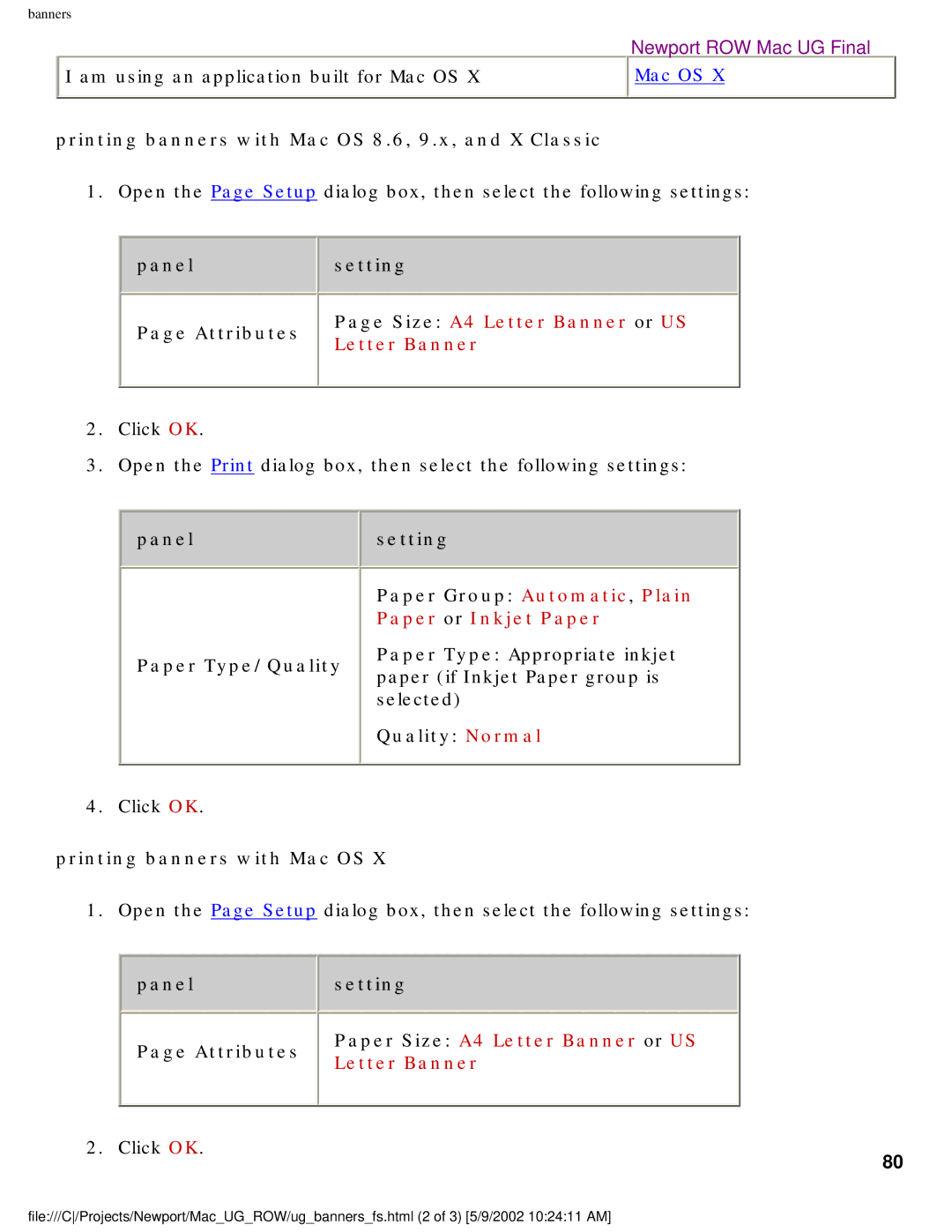 HP 5550 manual Printing banners with Mac OS 8.6, 9.x, and X Classic, Attributes Page Size A4 Letter Banner or US 