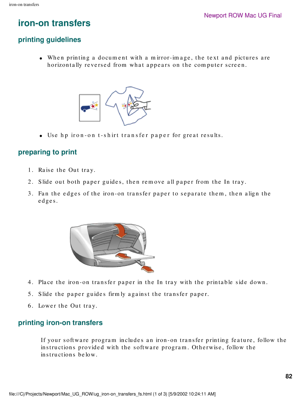 HP 5550 manual Iron-on transfers, Printing iron-on transfers, Use hp iron-on t-shirt transfer paper for great results 