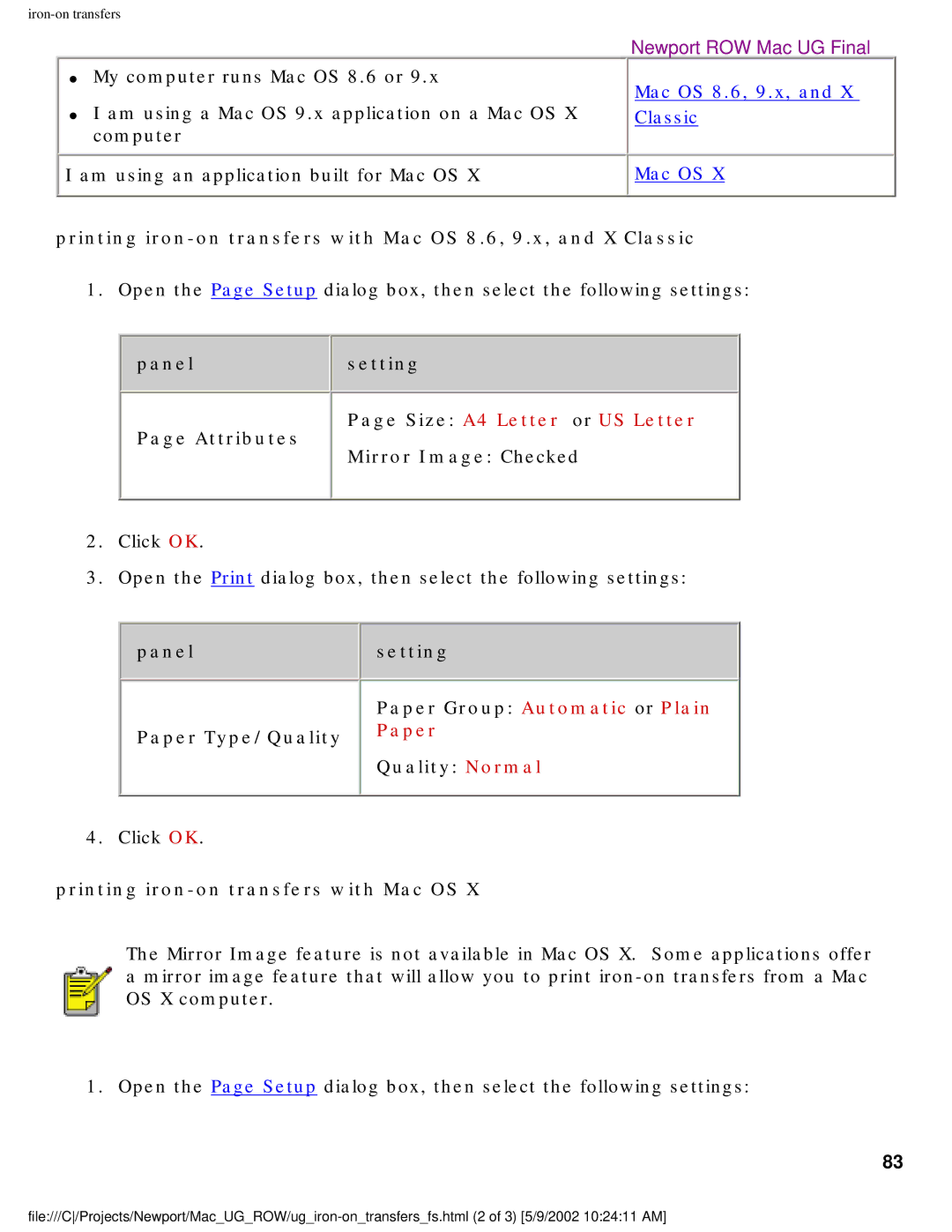 HP 5550 manual Mirror Image Checked, Printing iron-on transfers with Mac OS 