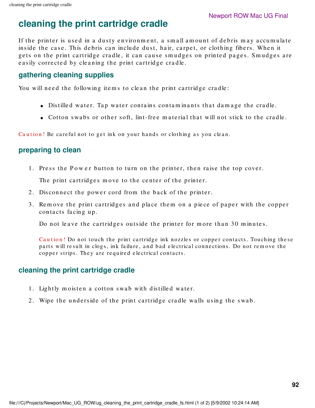 HP 5550 manual Cleaning the print cartridge cradle, Gathering cleaning supplies, Preparing to clean 