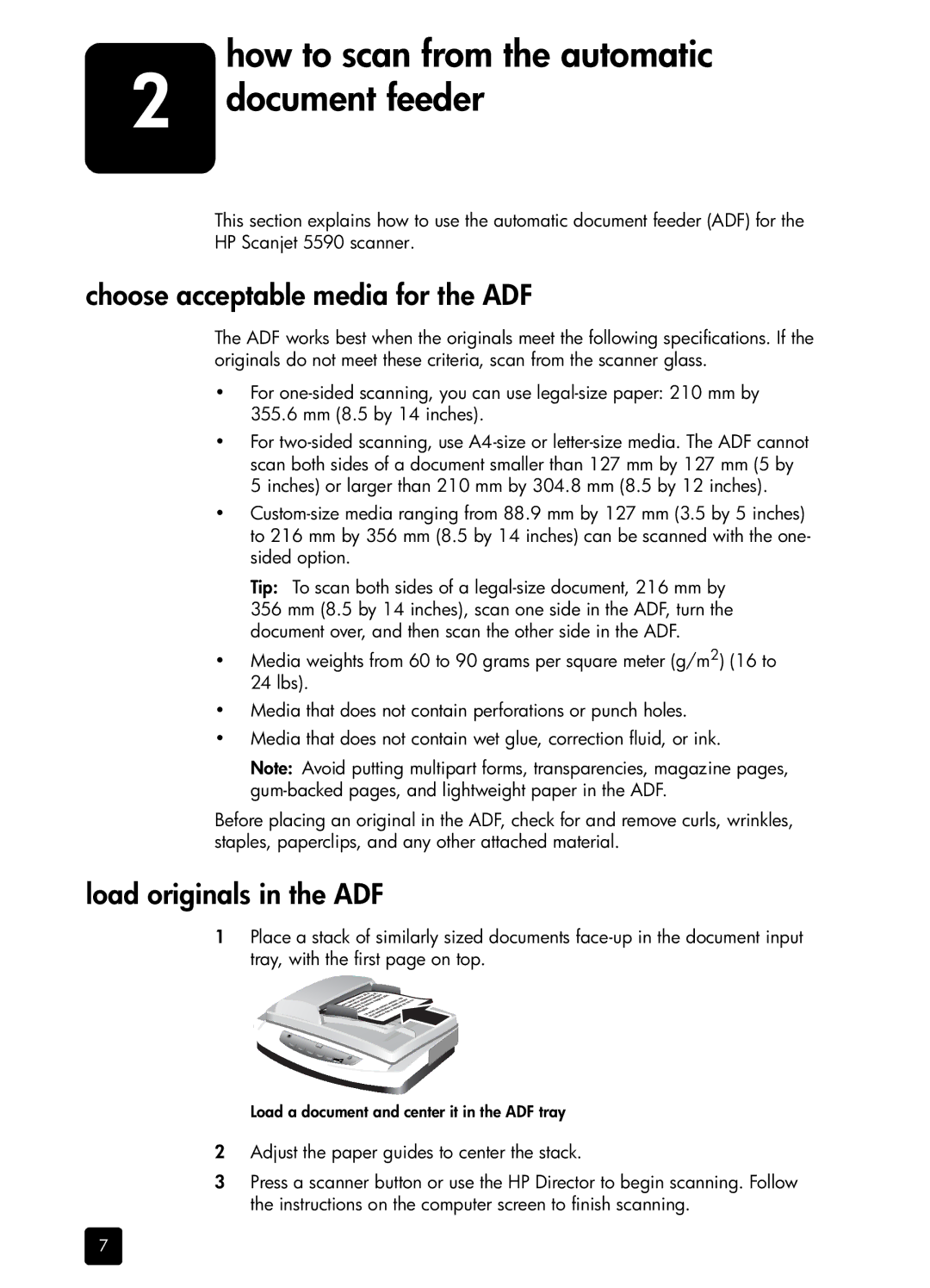 HP 5590 L1910A#B1H, 5590 5590 manual Document feeder, Choose acceptable media for the ADF, Load originals in the ADF 