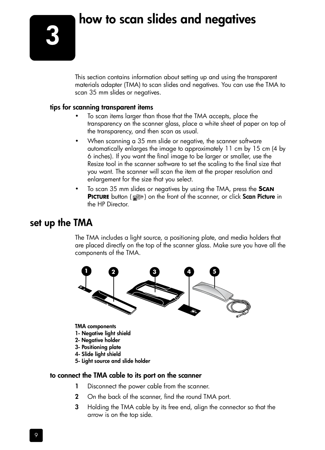 HP 5590 L1910A#B1H, 5590 5590 How to scan slides and negatives, Set up the TMA, Tips for scanning transparent items 