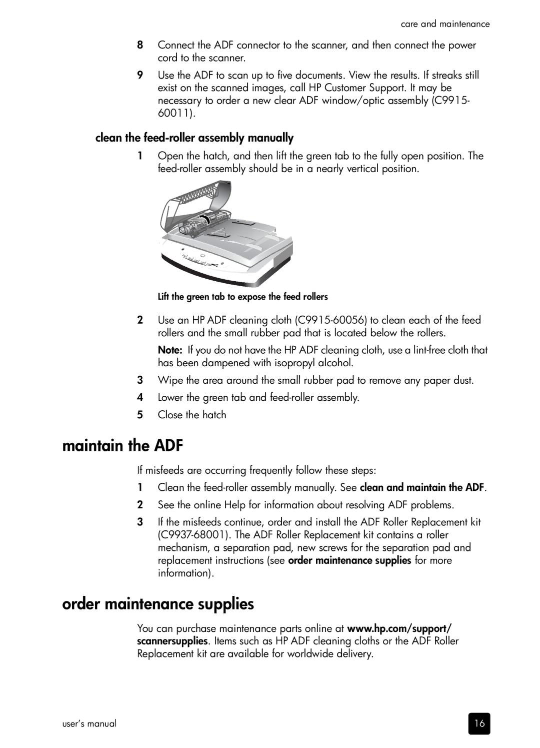 HP 5590 L1910A#B1H, 5590 5590 Maintain the ADF, Order maintenance supplies, Clean the feed-roller assembly manually 