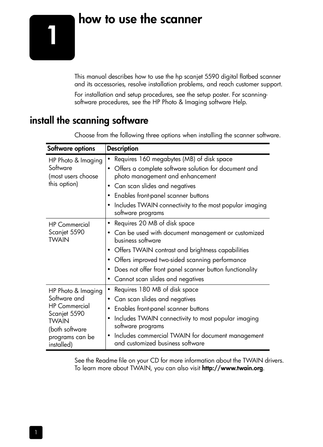 HP 5590 L1910A#B1H, 5590 5590 manual How to use the scanner, Install the scanning software, Software options Description 