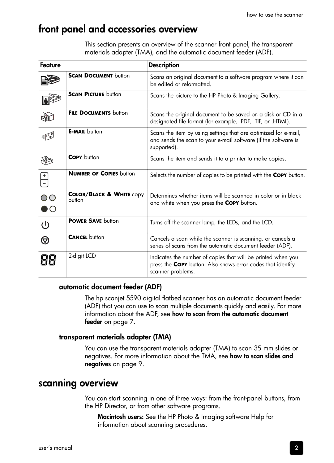 HP 5590 5590 Front panel and accessories overview, Scanning overview, Automatic document feeder ADF, Feature Description 