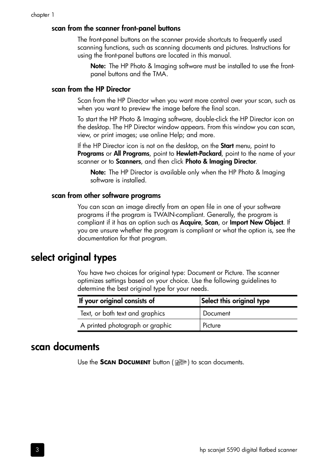 HP 5590 L1910A#B1H, 5590 5590 manual Select original types, Scan documents 