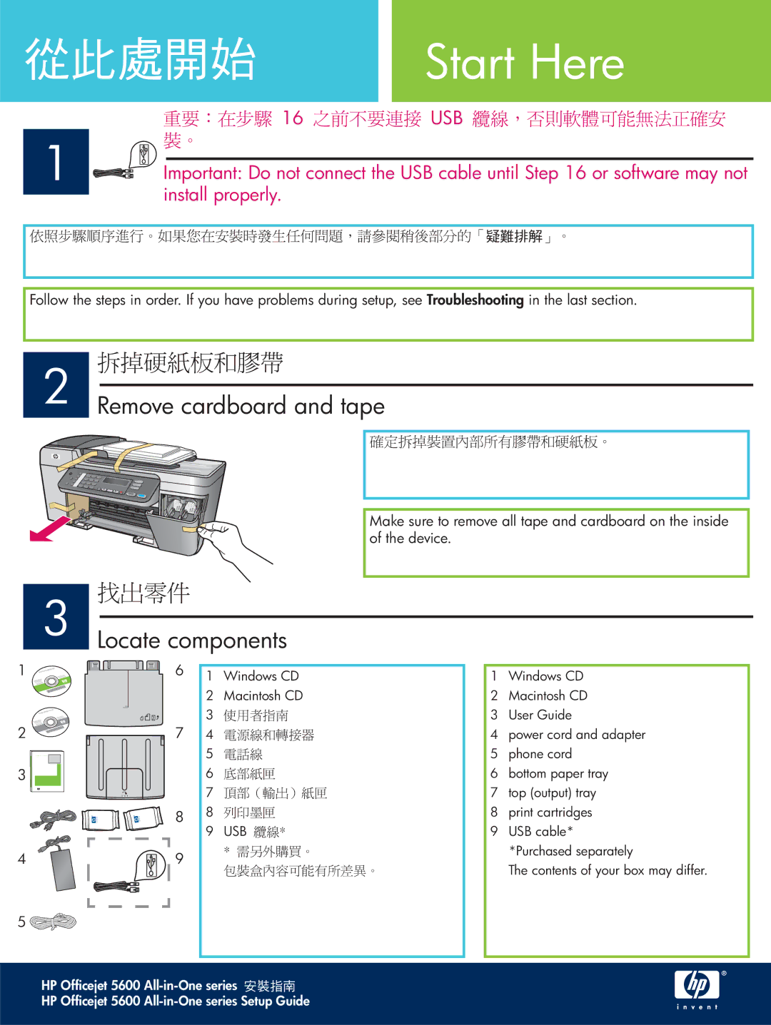 HP 5600 manual Remove cardboard and tape, Locate components 