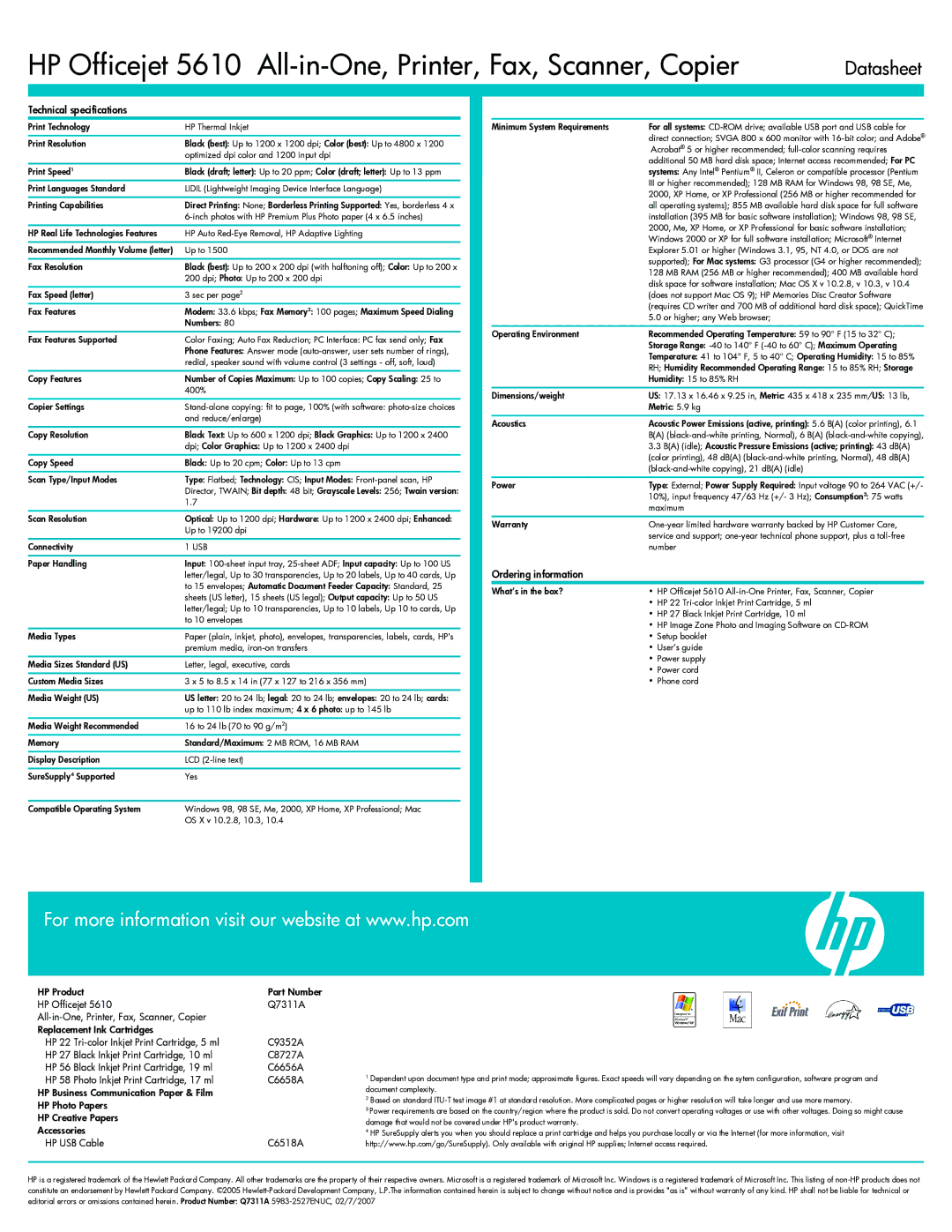 HP manual HP Officejet 5610 All-in-One, Printer, Fax, Scanner, Copier, Datasheet, Technical specifications 