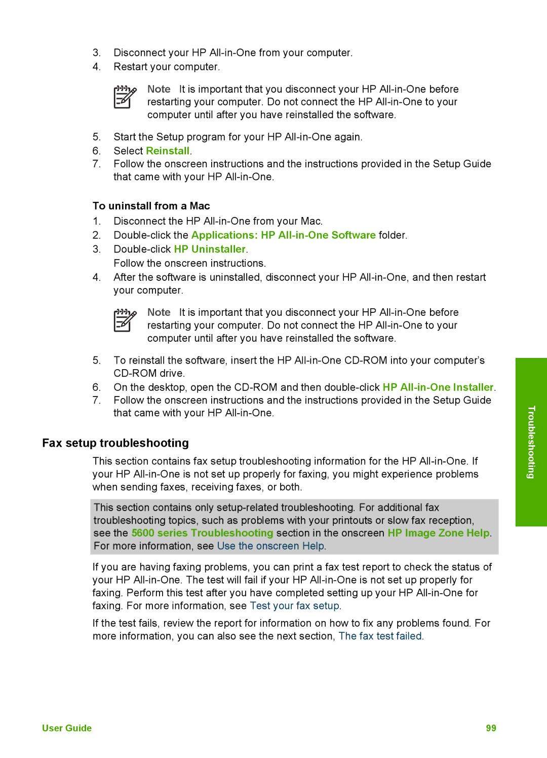 HP 5610xi, 5610v, 5605 manual Fax setup troubleshooting, Select Reinstall, To uninstall from a Mac 