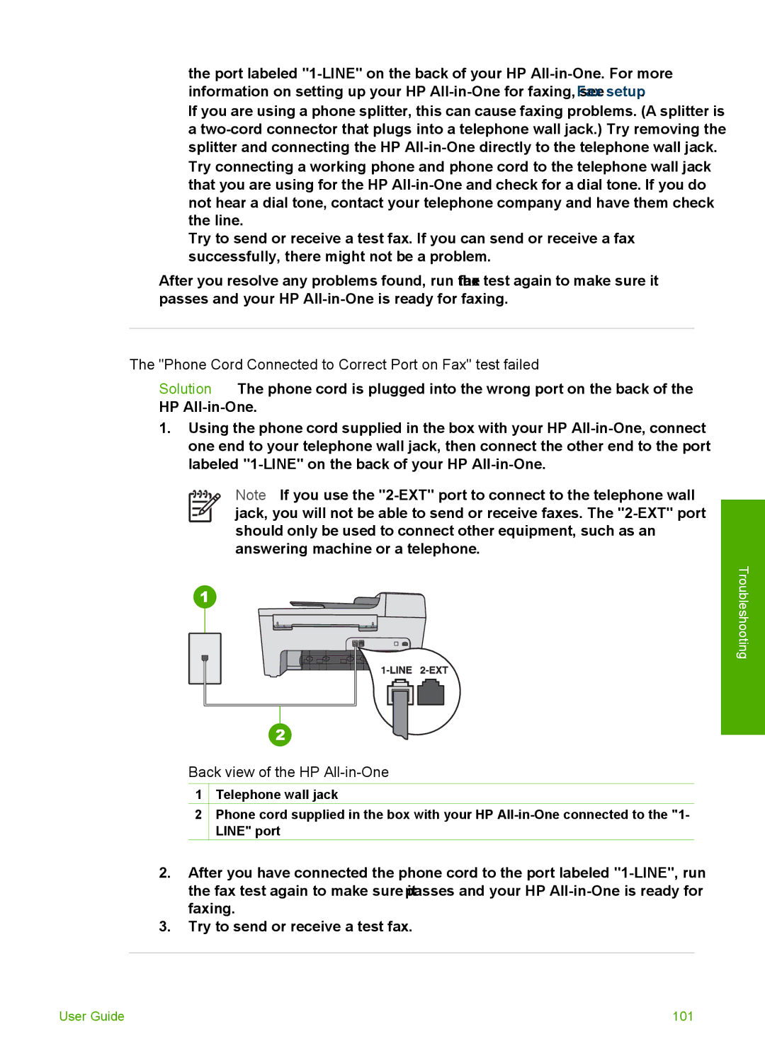 HP 5610v, 5610xi, 5605 manual Phone Cord Connected to Correct Port on Fax test failed, Back view of the HP All-in-One 