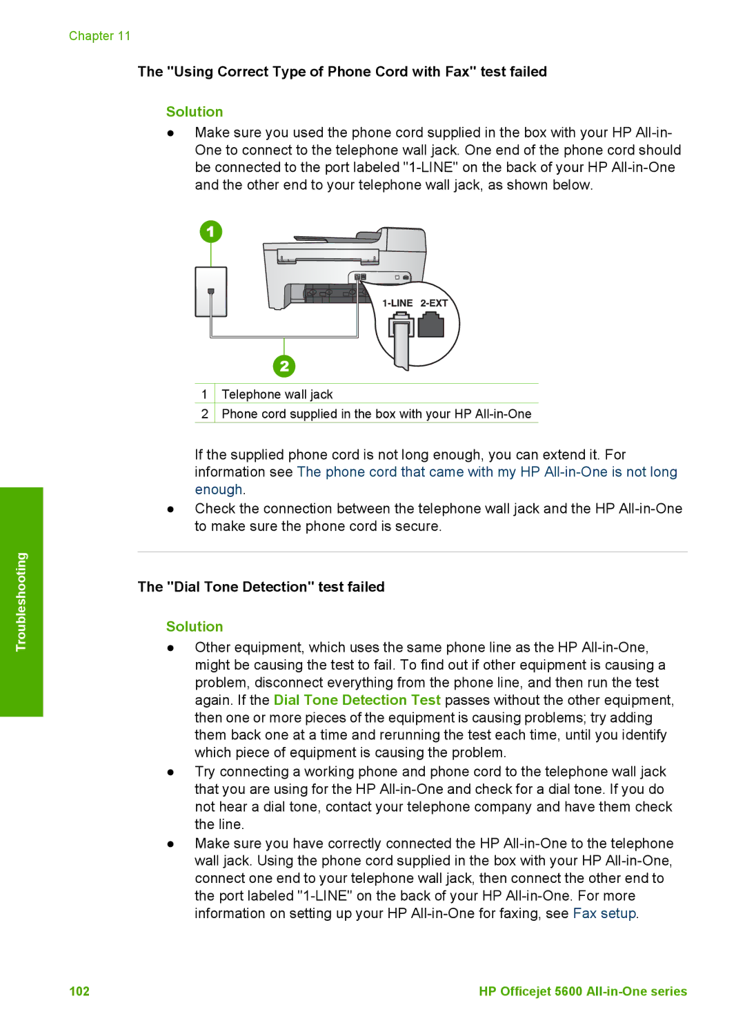 HP 5610v, 5610xi, 5605 manual Using Correct Type of Phone Cord with Fax test failed, Dial Tone Detection test failed 