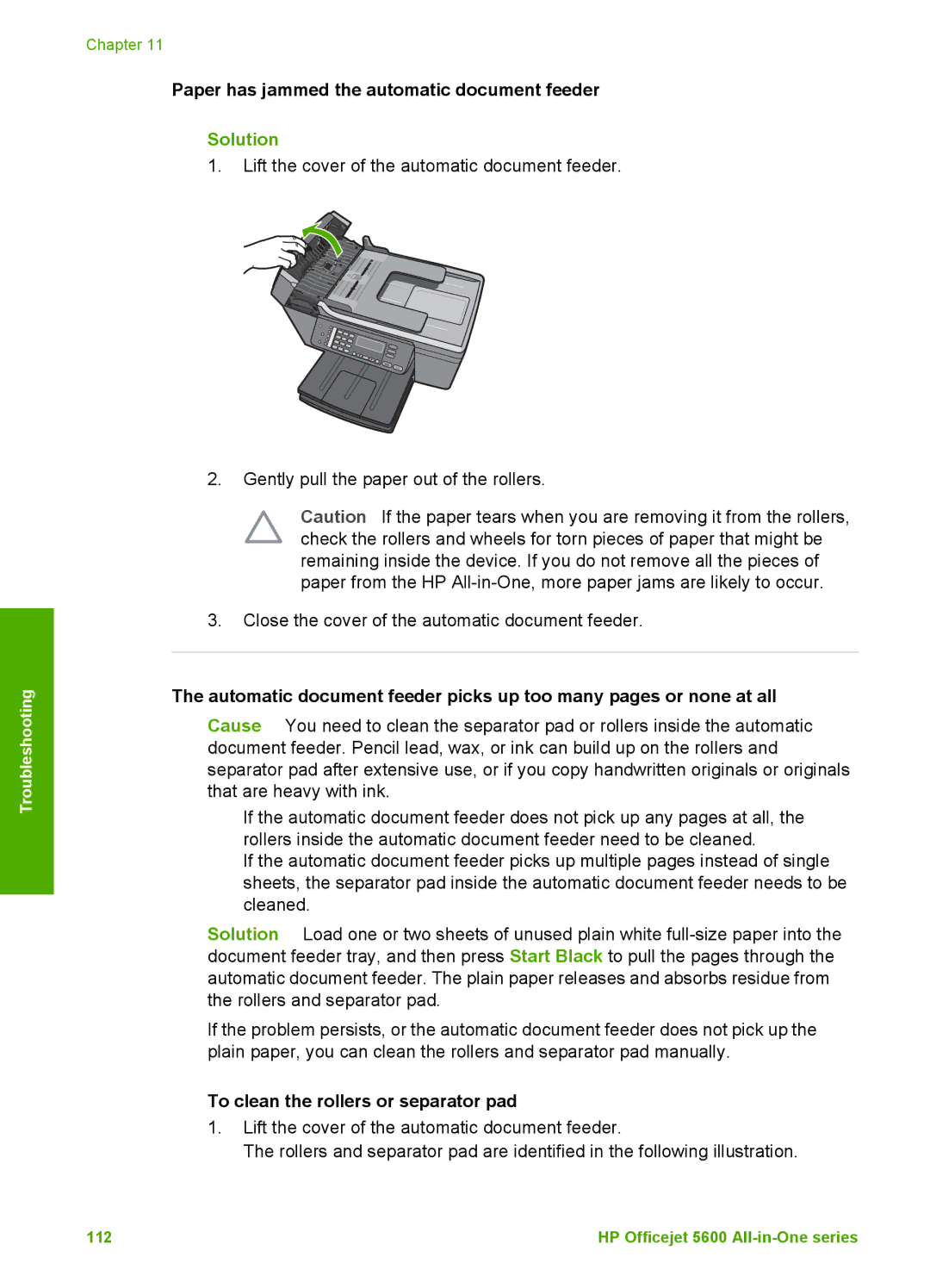 HP 5605, 5610v, 5610xi manual Paper has jammed the automatic document feeder, To clean the rollers or separator pad 