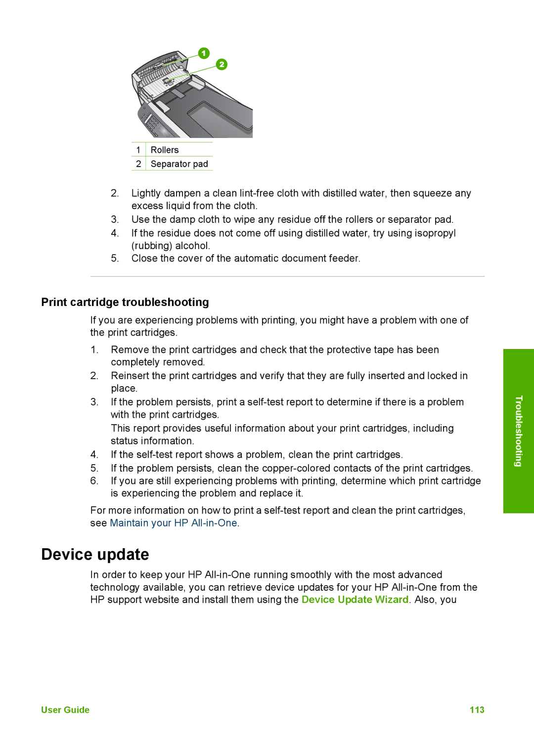 HP 5610v, 5610xi, 5605 manual Device update, Print cartridge troubleshooting 